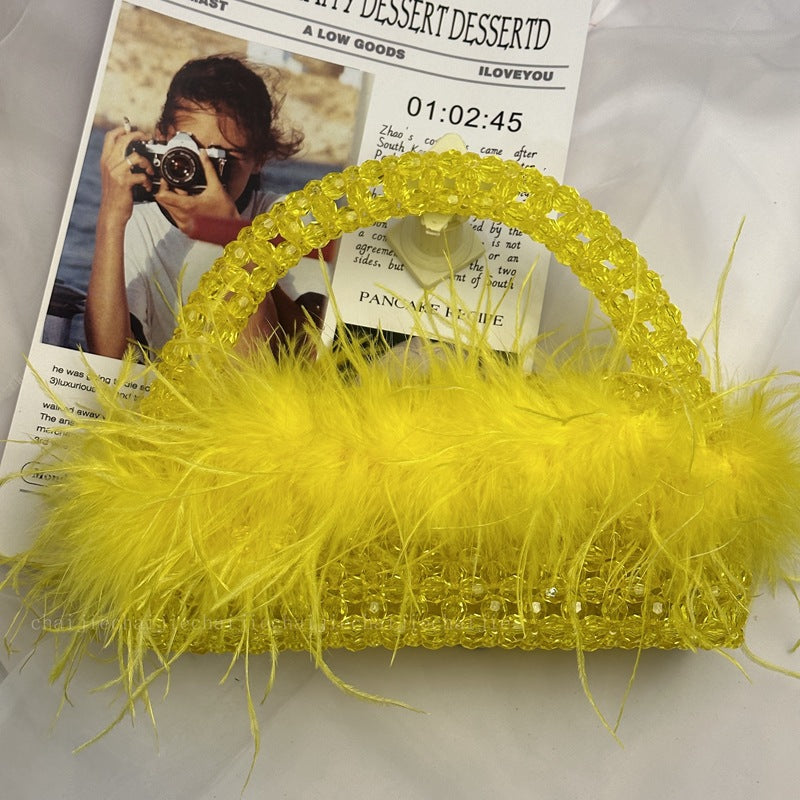 Customized Pearl Bead Bag with Ostrich Feather Fur Designer Brand Box Ladies Hand Bags Handmade Women Party Purses