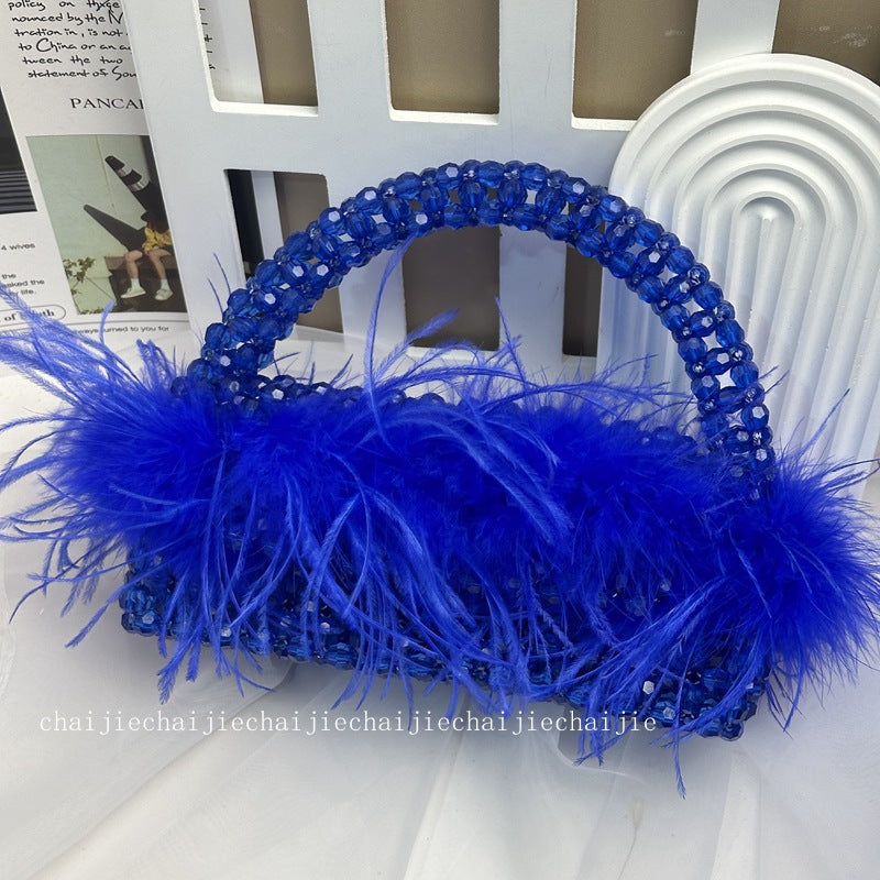 Customized Pearl Bead Bag with Ostrich Feather Fur Designer Brand Box Ladies Hand Bags Handmade Women Party Purses