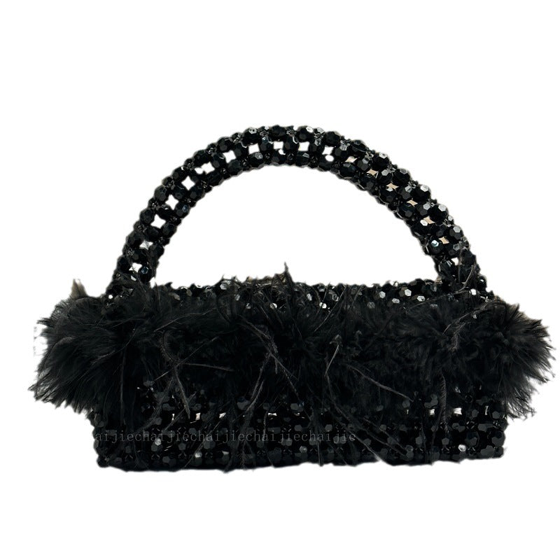 Customized Pearl Bead Bag with Ostrich Feather Fur Designer Brand Box Ladies Hand Bags Handmade Women Party Purses